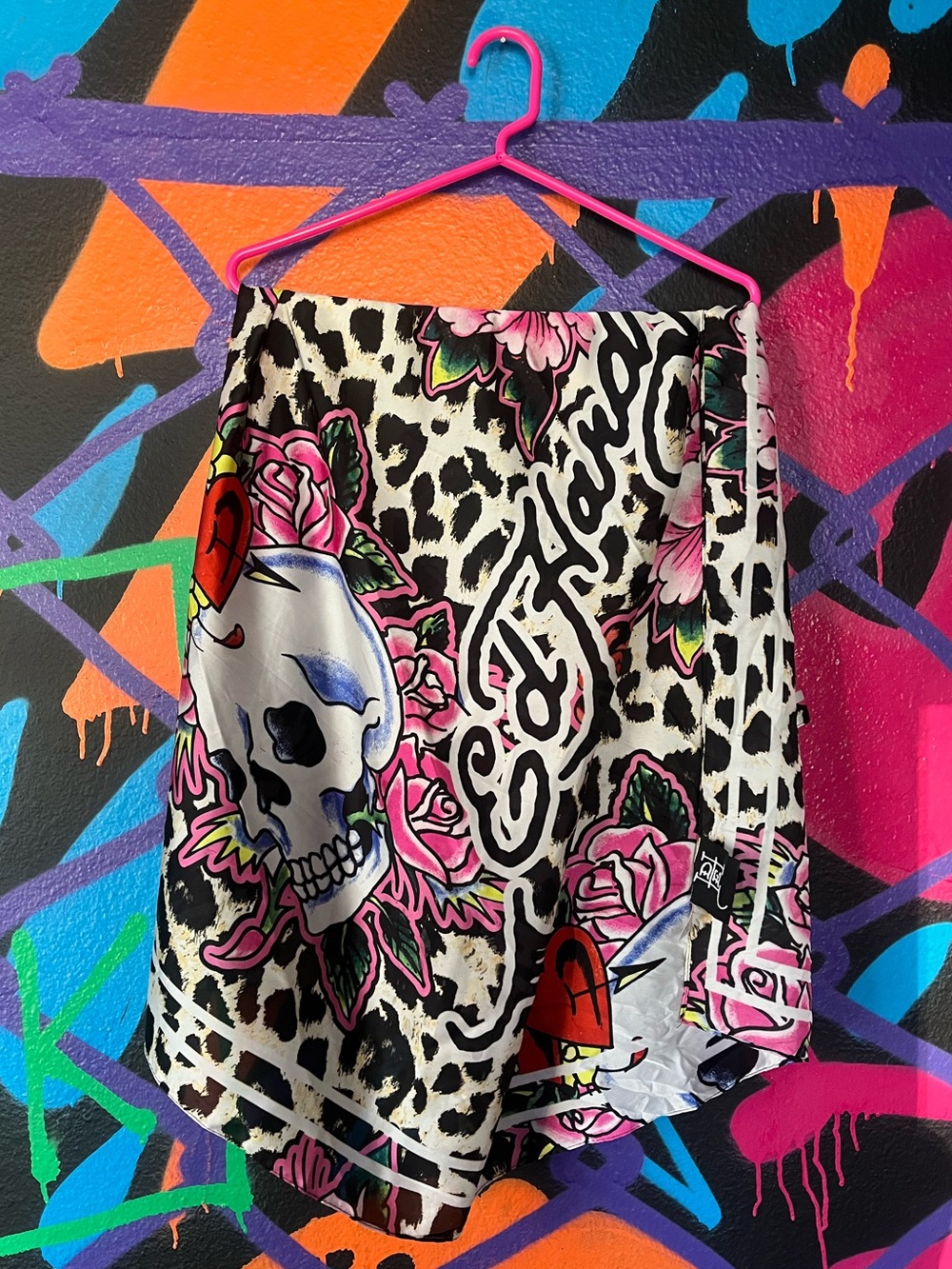 Ed Hardy silk scarf with skull, roses and leopard print design